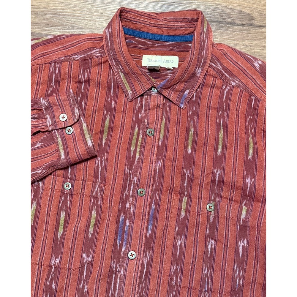 Territory Ahead Mens Rust Red Ikat Stripe Long Sleeve Button Down Shirt Sz XLT